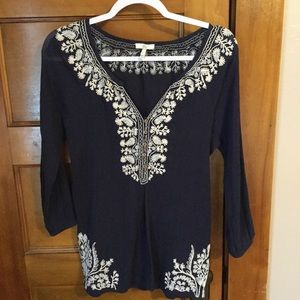 Joie Navy Embroidered Peasant Style Blouse  F043